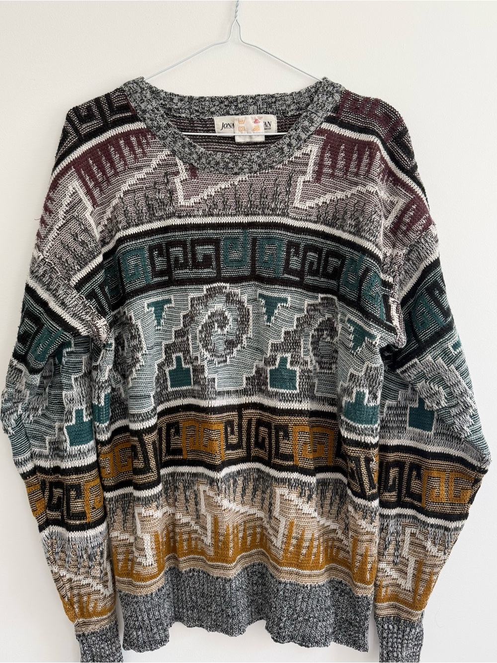VINTAGE 80s 90s Coogi style knit crewneck sweater in geometric aztec pattern
